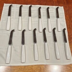 Set of 12 Sheffield England Curved Tip Knife Knives White Ceramic Handle